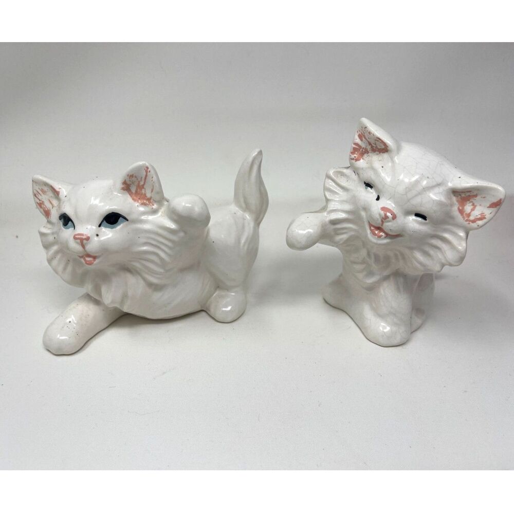 Vintage MCM Cat Figurines Playful Persian Pair 70s Handmade Ceramic Blue Eyed